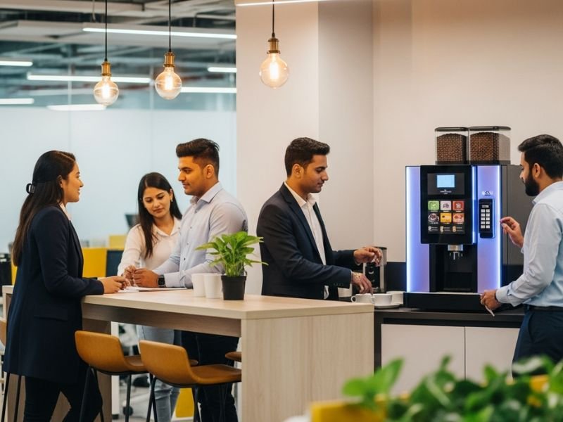 Seasonal workplace enhancements in a Noida office with a coffee and tea vending machine installed by leading Coffee Vending Machine dealers in Noida