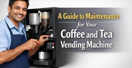 Technician cleaning and maintaining a coffee and tea vending machine to ensure hygiene and smooth performance.