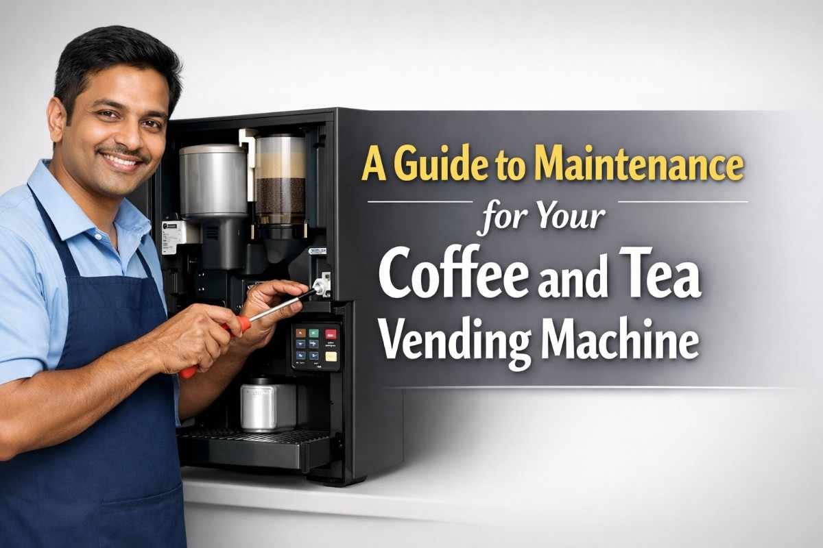 Technician cleaning and maintaining a coffee and tea vending machine to ensure hygiene and smooth performance.