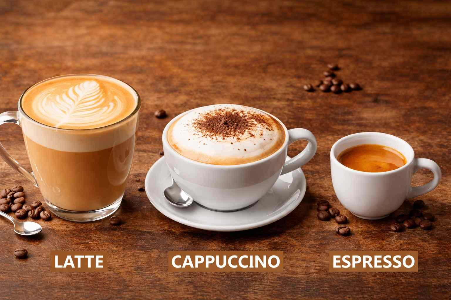 Latte vs cappuccino vs espresso comparison showing milk, foam, and coffee layers