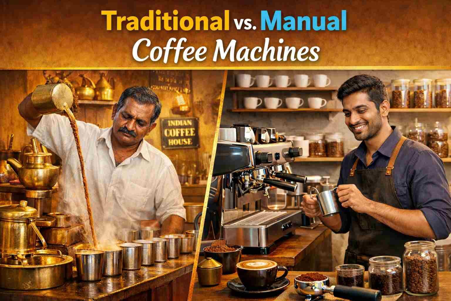Comparison of traditional and manual coffee machines used in commercial cafés and business settings