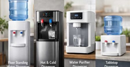 Modern water dispenser units including top-load, bottom-load, countertop, and bottleless models for home and office use