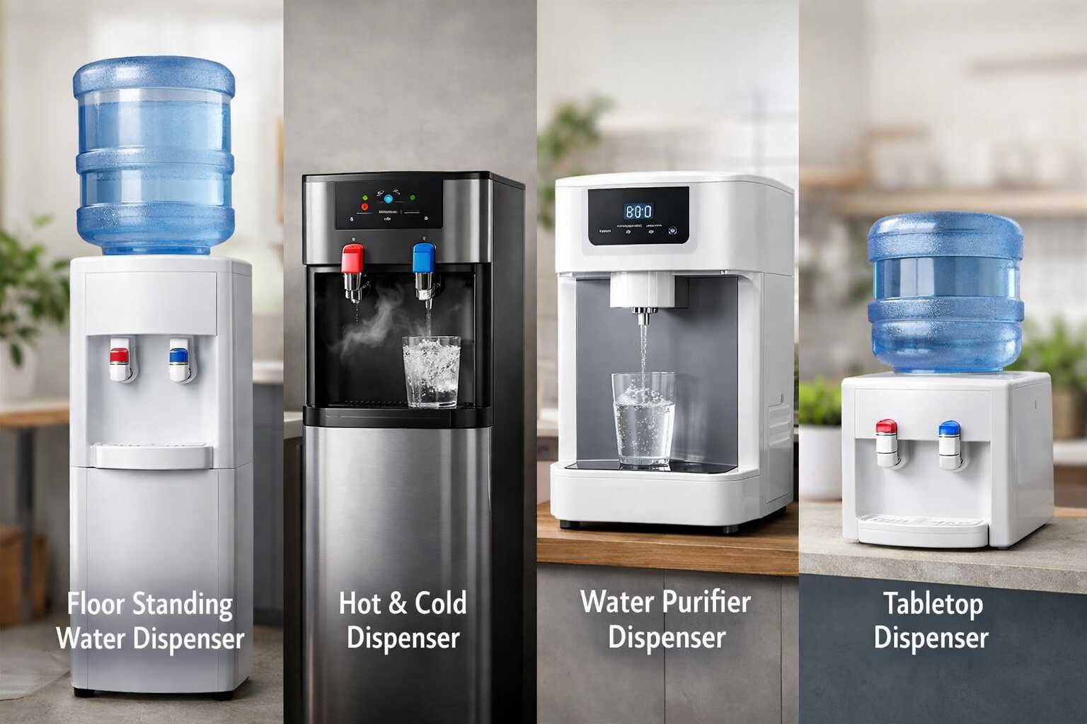 Modern water dispenser units including top-load, bottom-load, countertop, and bottleless models for home and office use
