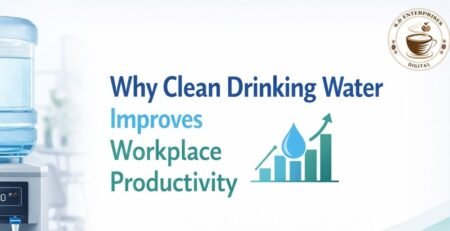 Workplace wellness hydration showing clean drinking water improving employee productivity and focus in office environment